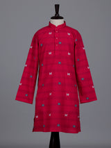 Hot pink boys cotton blend kurta suit with stripe pattern