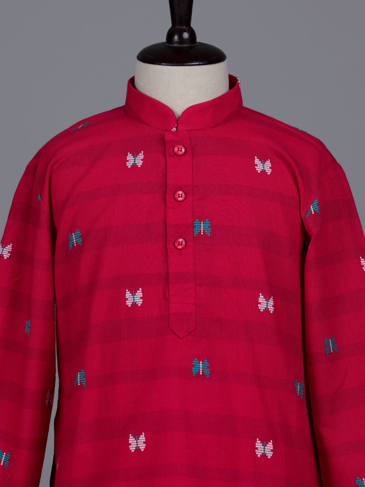 Hot pink boys cotton blend kurta suit with stripe pattern