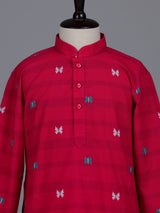 Hot pink boys cotton blend kurta suit with stripe pattern