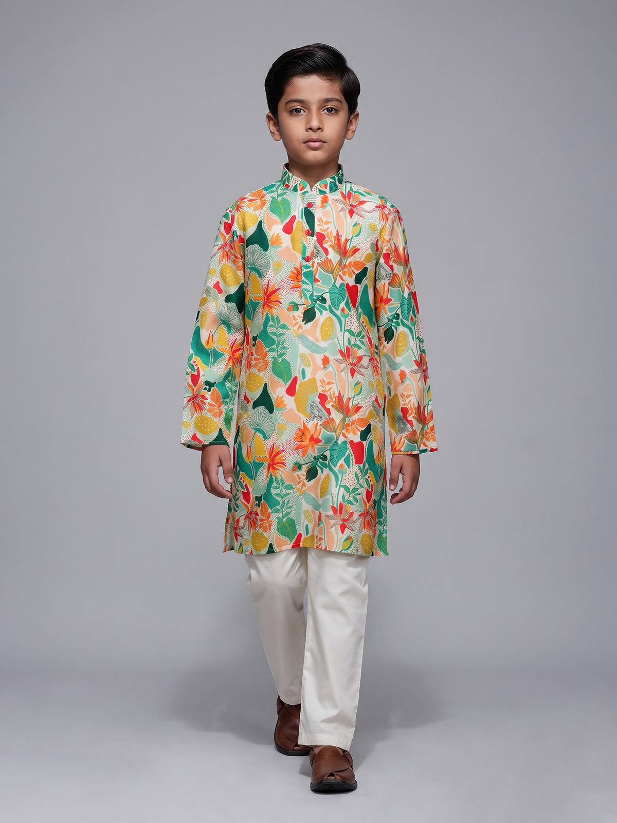 Multicolor boys cotton silk kurta suit with botanical floral print
