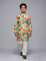 Multicolor boys cotton silk kurta suit with botanical floral print