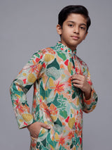Multicolor boys cotton silk kurta suit with botanical floral print