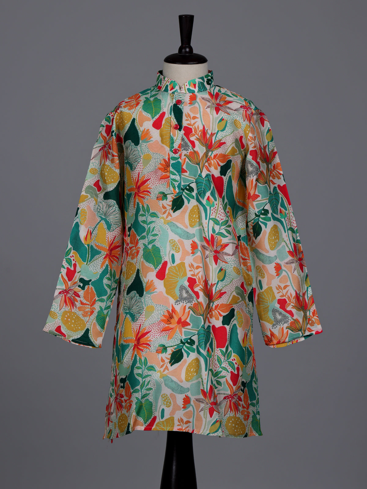 Multicolor boys cotton silk kurta suit with botanical floral print