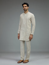 Light grey elegant mens kurta pajama with botanical embroidery