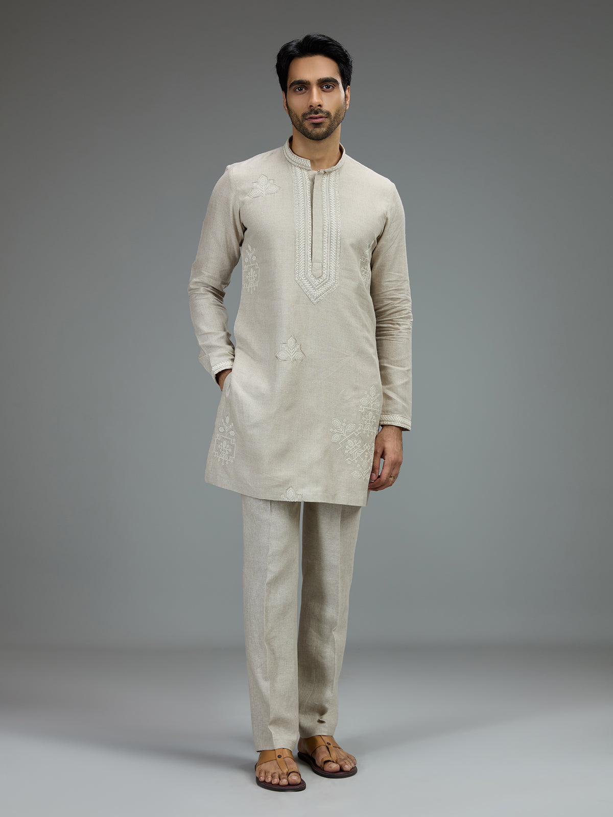 Light grey elegant mens kurta pajama with botanical embroidery