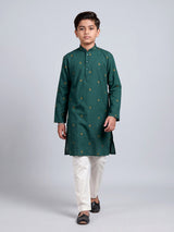 Bottle green boys cotton blend kurta suit with butti work