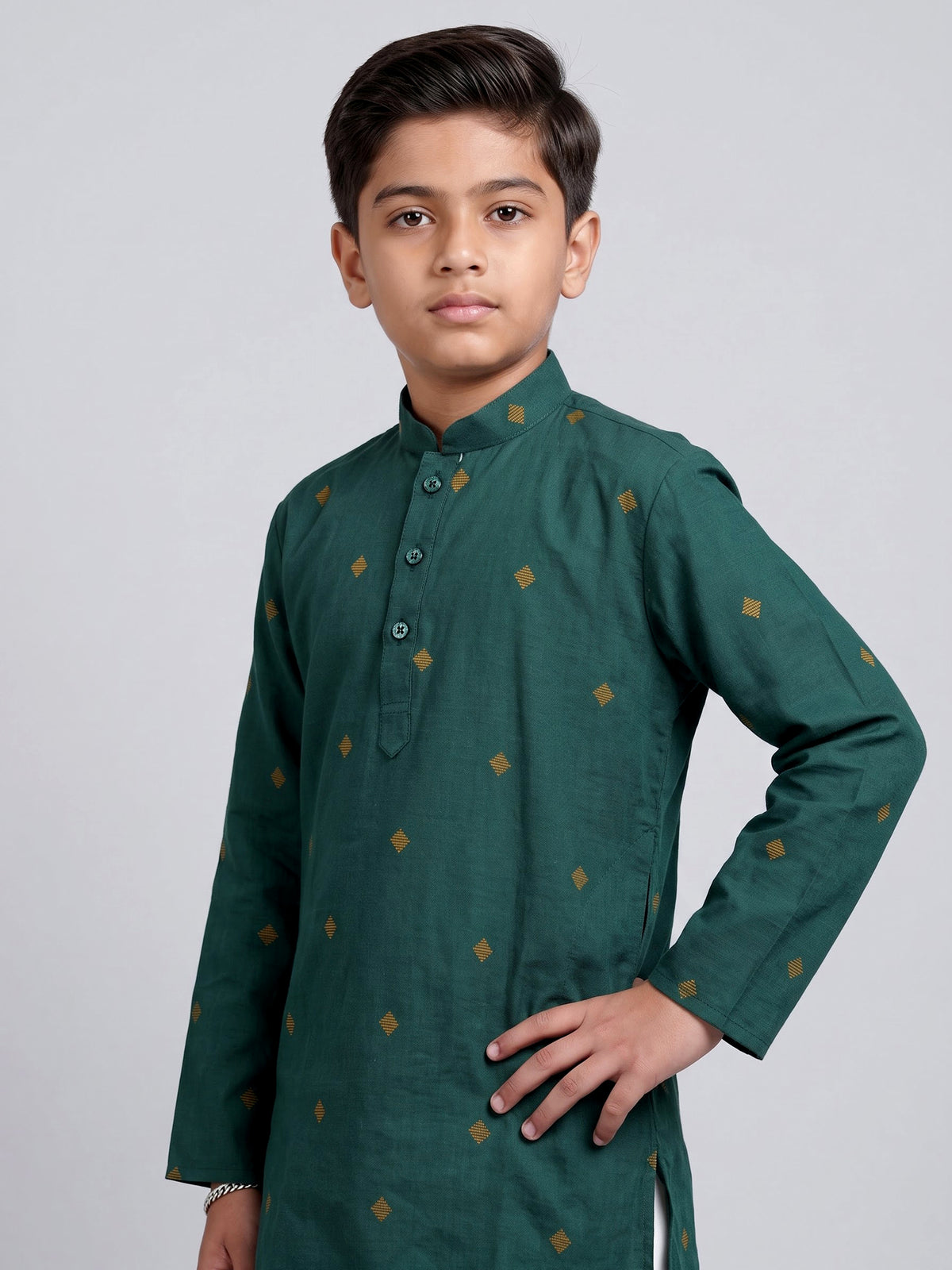 Bottle green boys cotton blend kurta suit with butti work