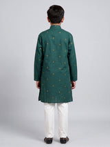 Bottle green boys cotton blend kurta suit with butti work
