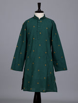 Bottle green boys cotton blend kurta suit with butti work