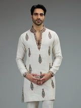 White classic mens kurta pajama with heritage embroidery