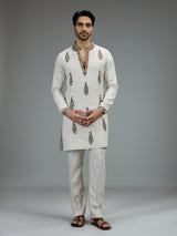 White classic mens kurta pajama with heritage embroidery