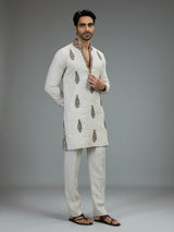 White classic mens kurta pajama with heritage embroidery