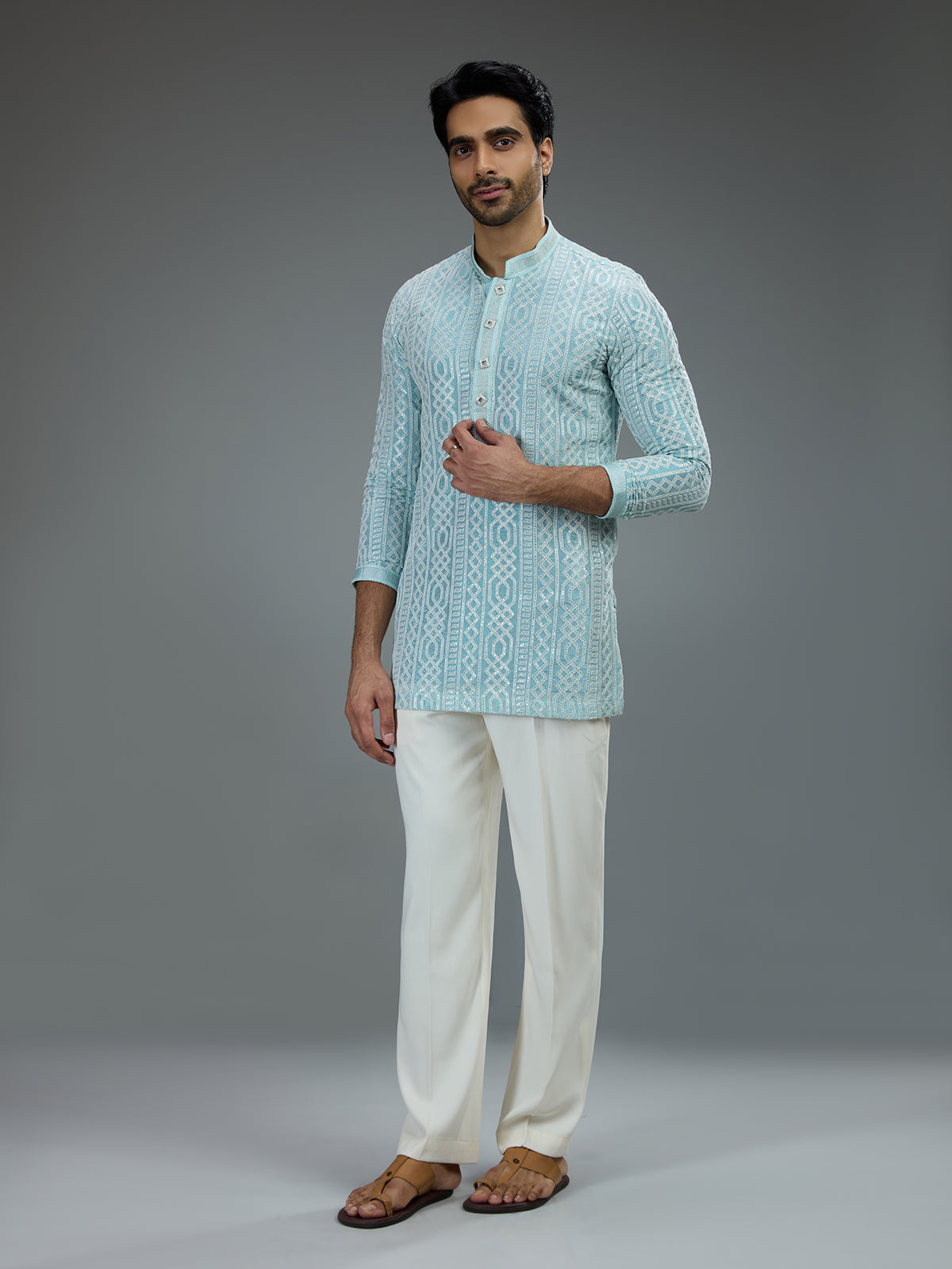 Sky blue smart mens kurta suit with geometric resham work