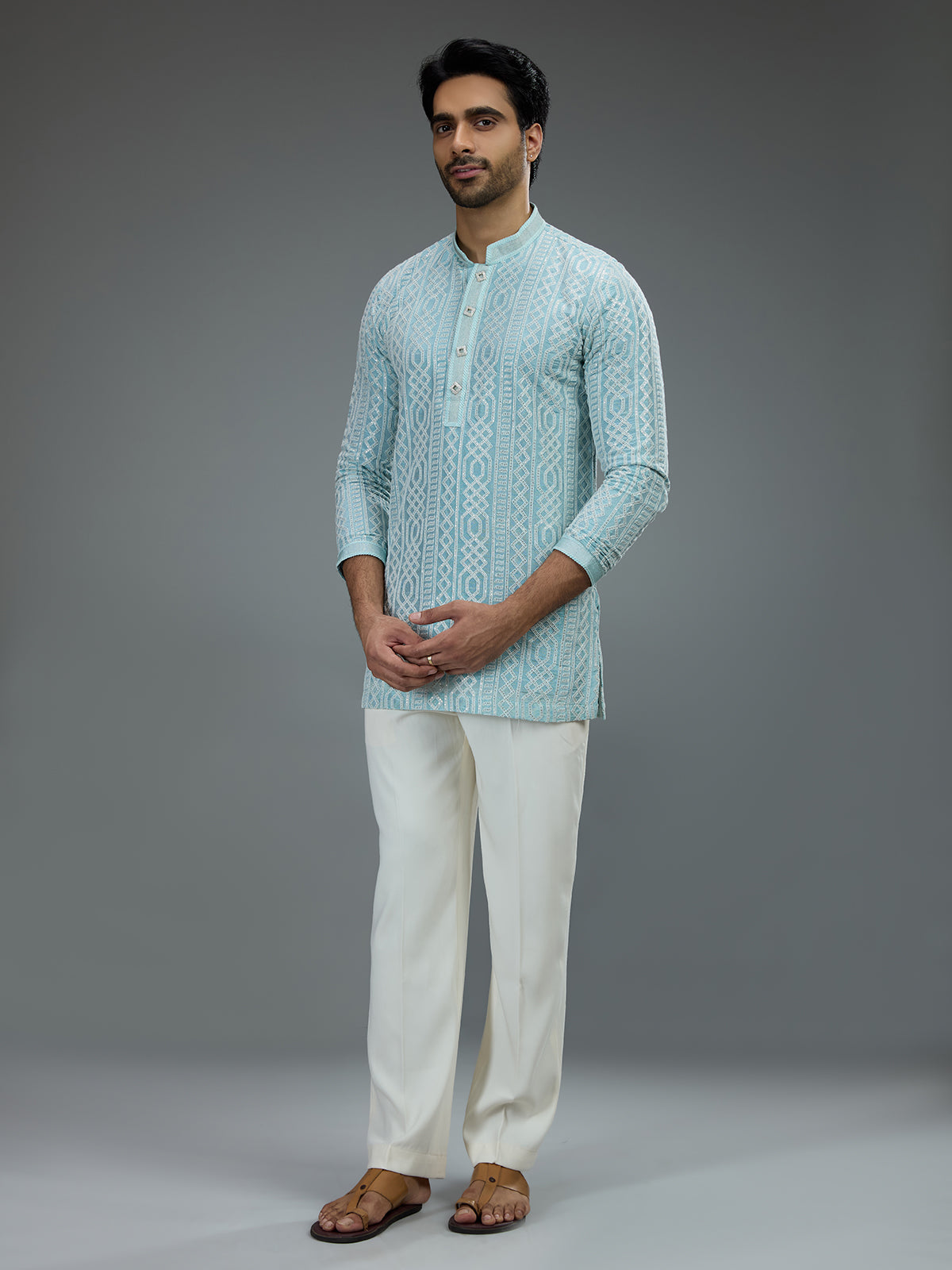 Sky blue smart mens kurta suit with geometric resham work