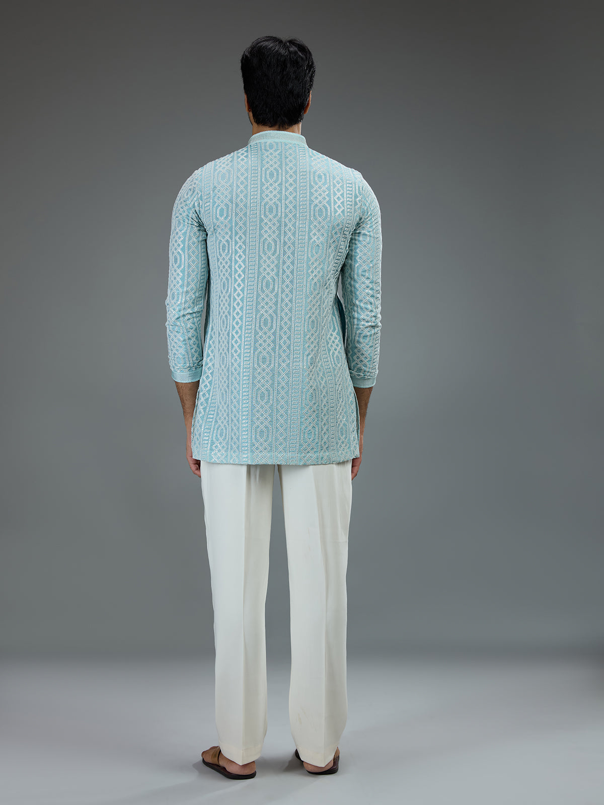Sky blue smart mens kurta suit with geometric resham work