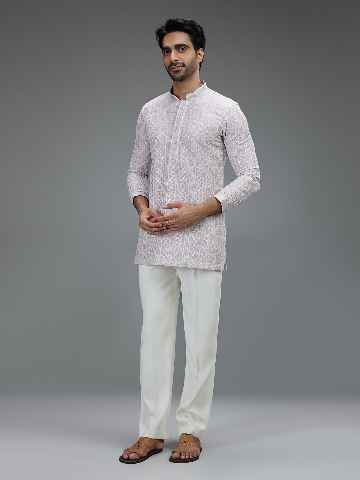 Lavender refined mens kurta pajama with geometric detailing