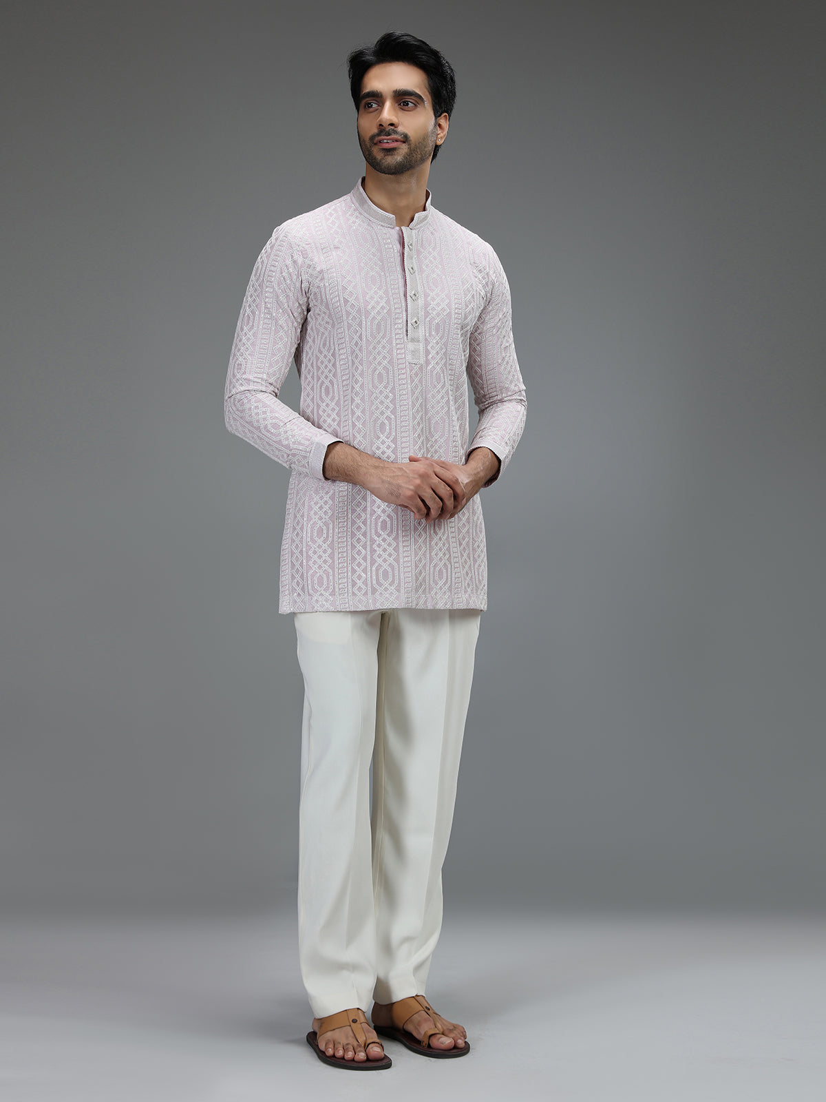 Lavender refined mens kurta pajama with geometric detailing