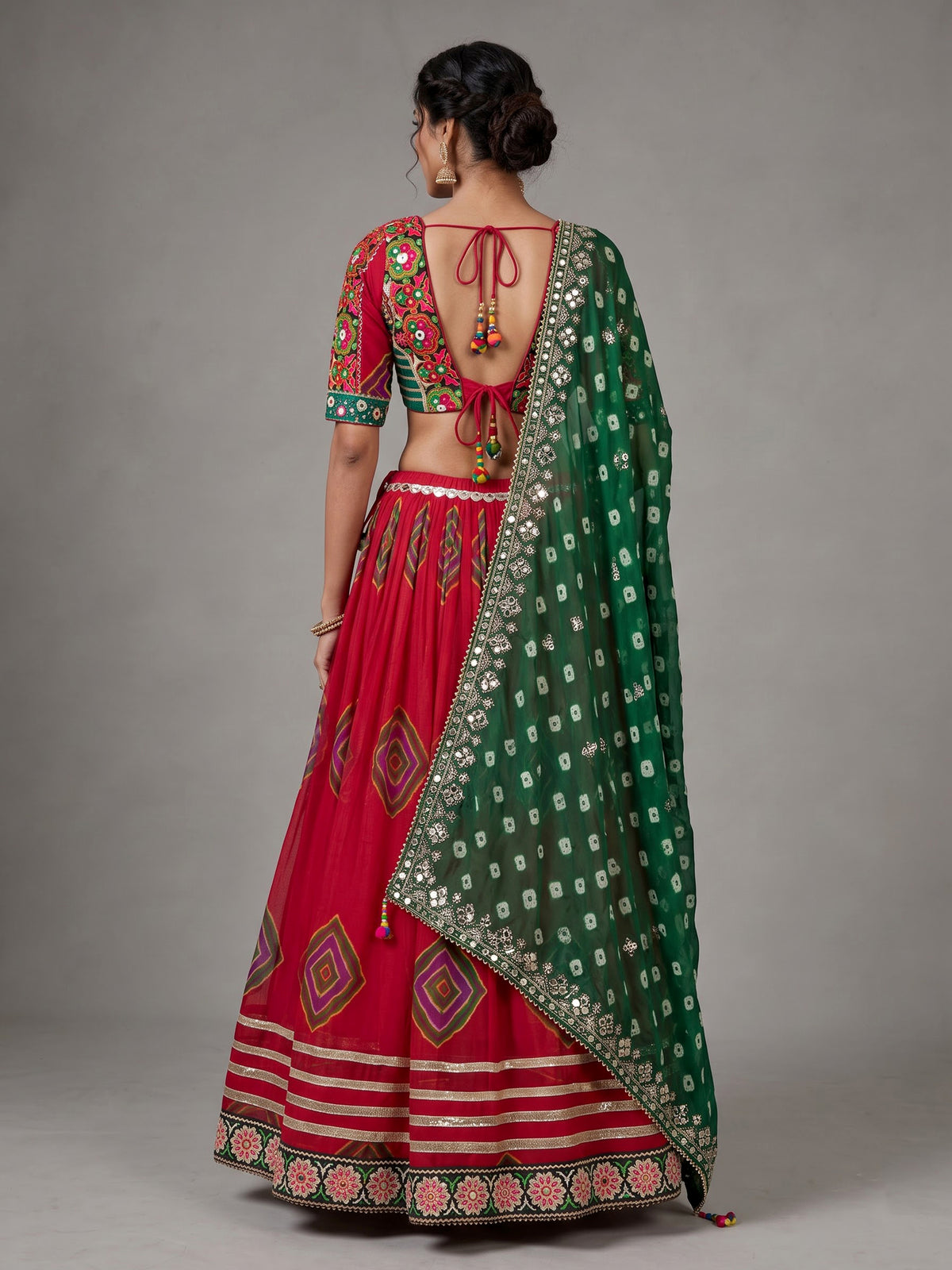 Red printed georgette Navratri lehenga choli with sparkling detailing
