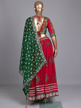 Red printed georgette Navratri lehenga choli with sparkling detailing