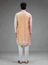 Pink and yellow festive mens kurta suit with zardosi work