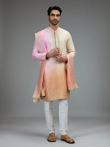 Pink and yellow festive mens kurta suit with zardosi work