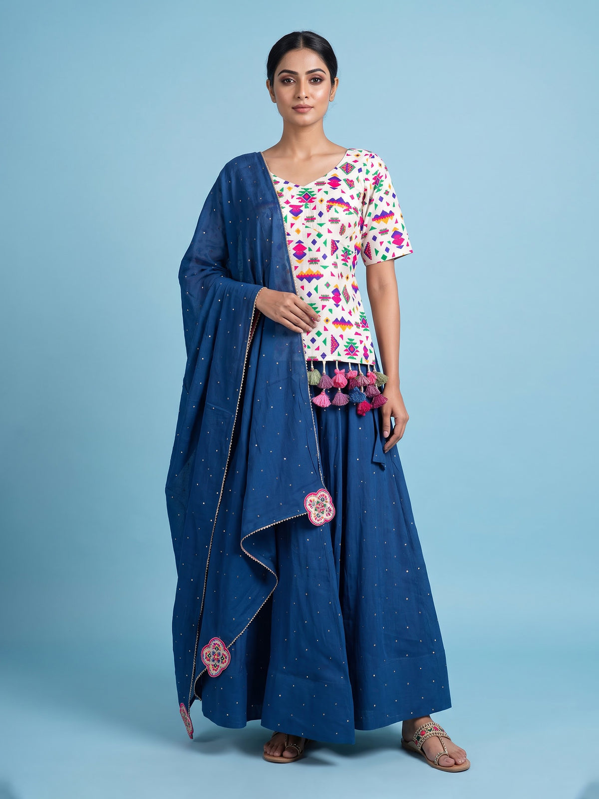 Blue soft silk Navratri lehenga choli with elegant bead embellishments