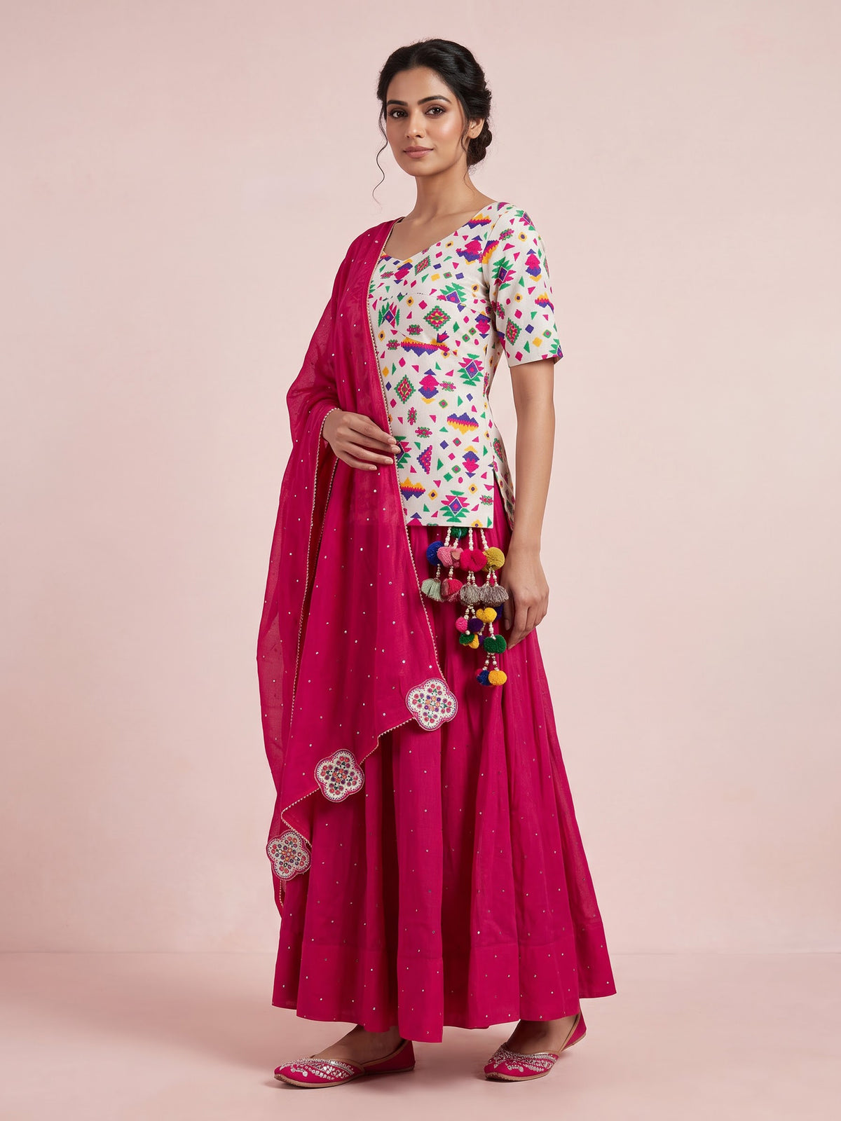 Red soft silk Navratri lehenga choli with charming stone accents