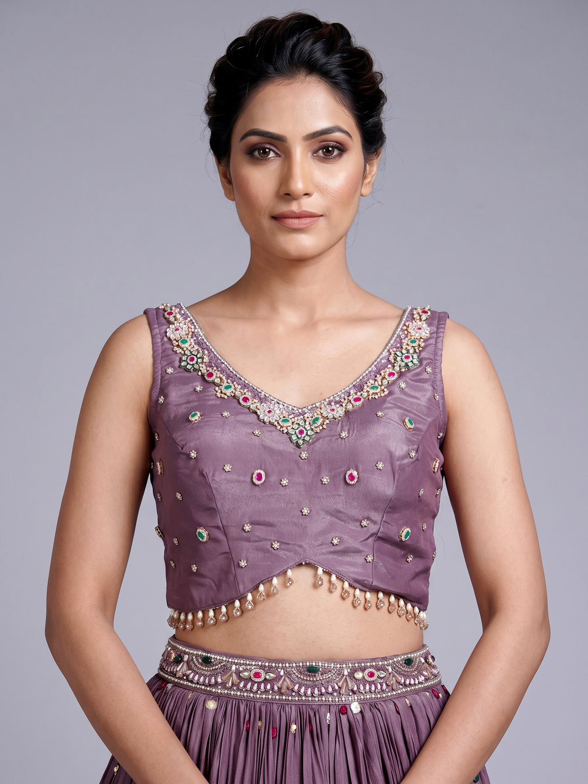 Purple silk wedding lehenga choli with dazzling diamond embellishments