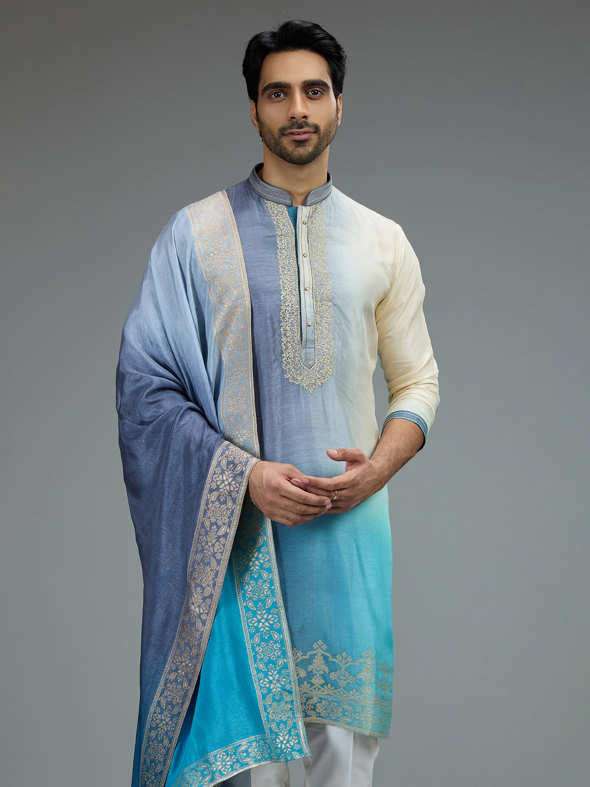 Blue and navy blue elegant mens kurta pajama with zardosi