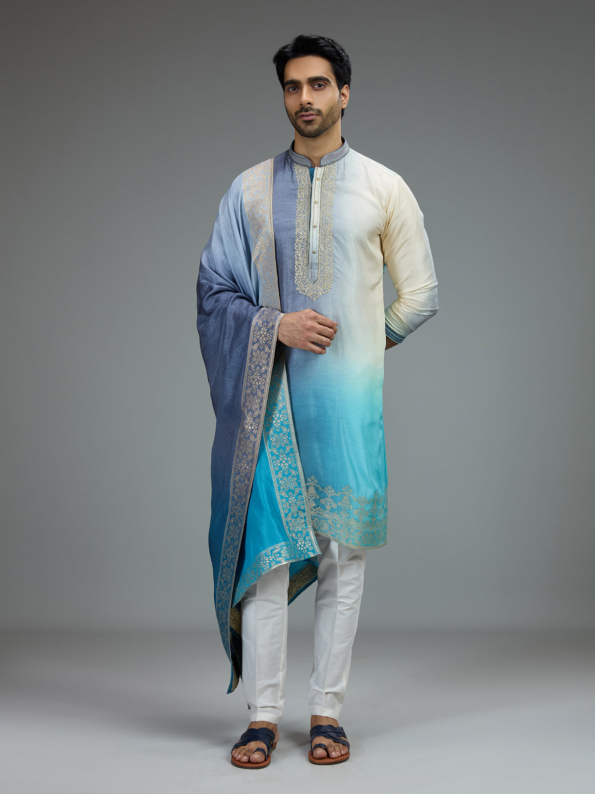 Blue and navy blue elegant mens kurta pajama with zardosi