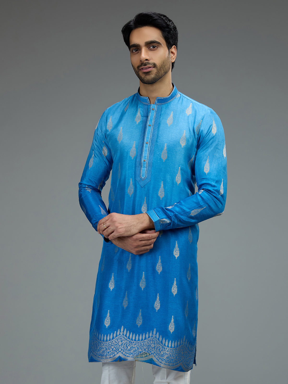 Blue ombre zari kurta pajama for men