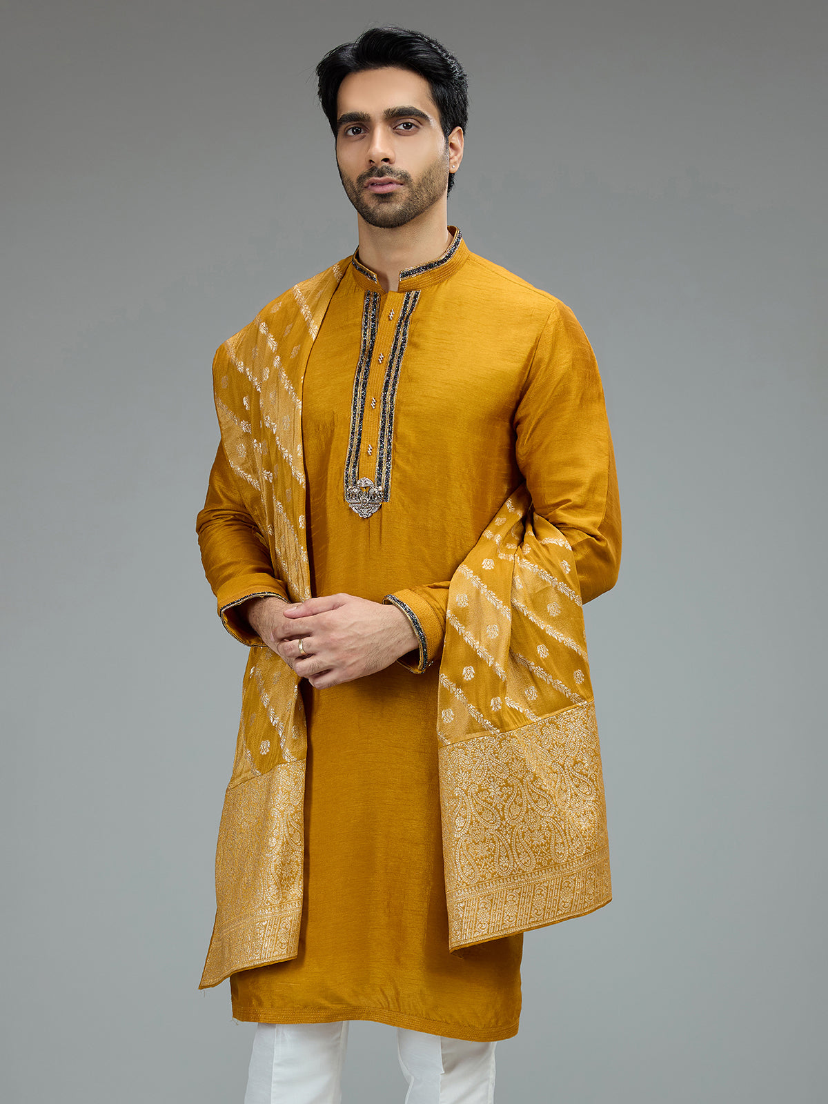 Mustard yellow cutdana kurta pajama for men