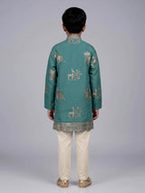 Green boys silk kurta suit with deer elephant embroidery work