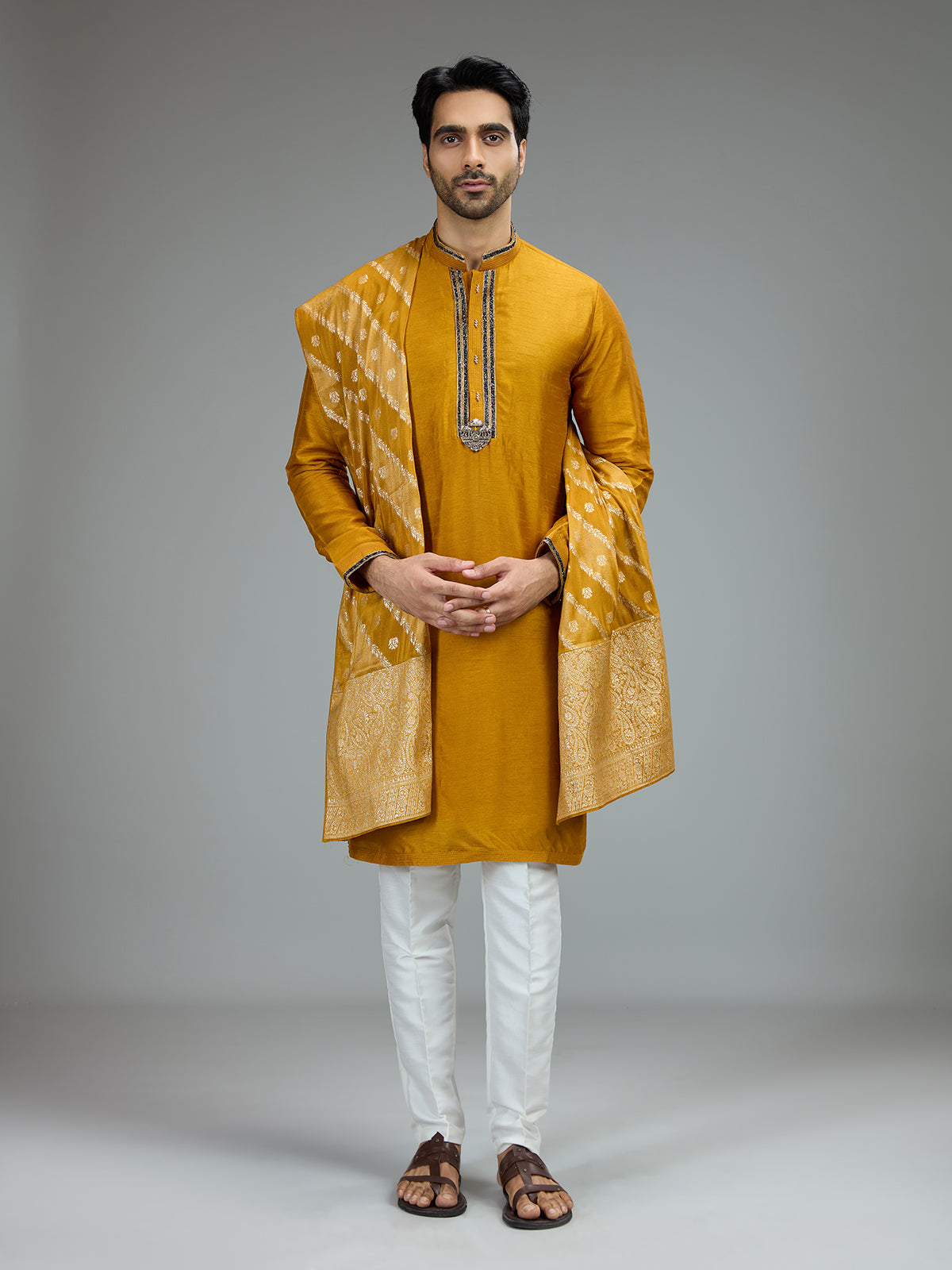 Mustard yellow cutdana kurta pajama for men