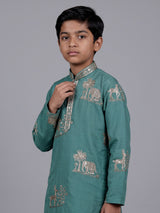 Green boys silk kurta suit with deer elephant embroidery work