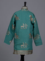 Green boys silk kurta suit with deer elephant embroidery work