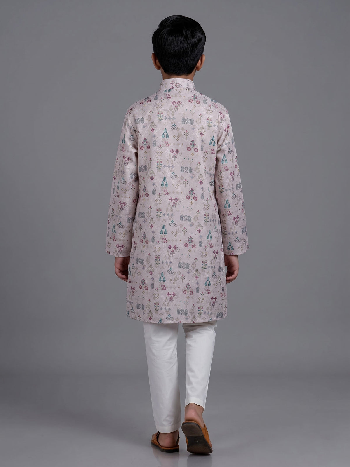 Beige boys linen silk kurta suit with floral thread motifs