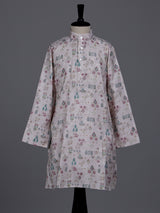 Beige boys linen silk kurta suit with floral thread motifs