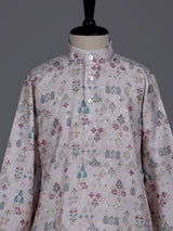 Beige boys linen silk kurta suit with floral thread motifs