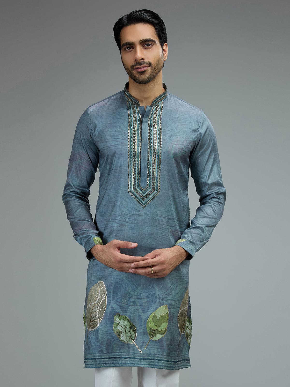 Pastel grey printed gota kurta suit for men
