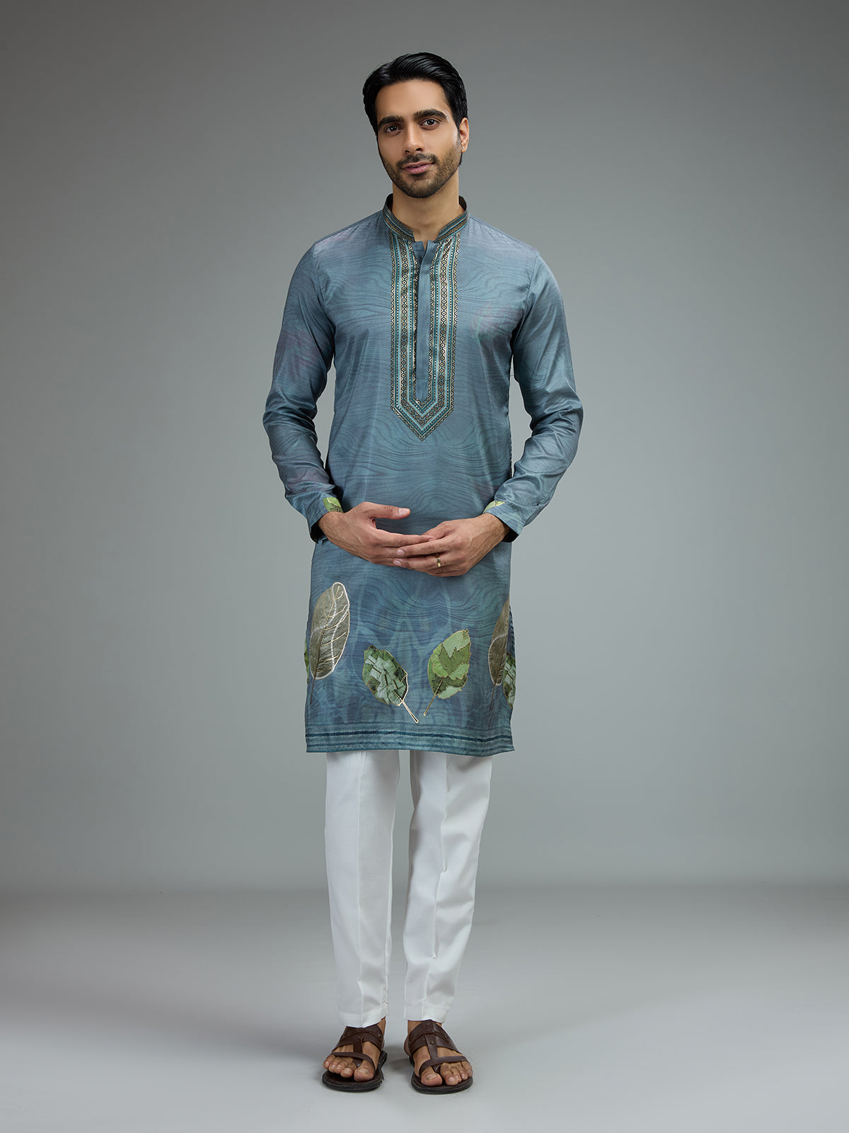 Pastel grey printed gota kurta suit for men