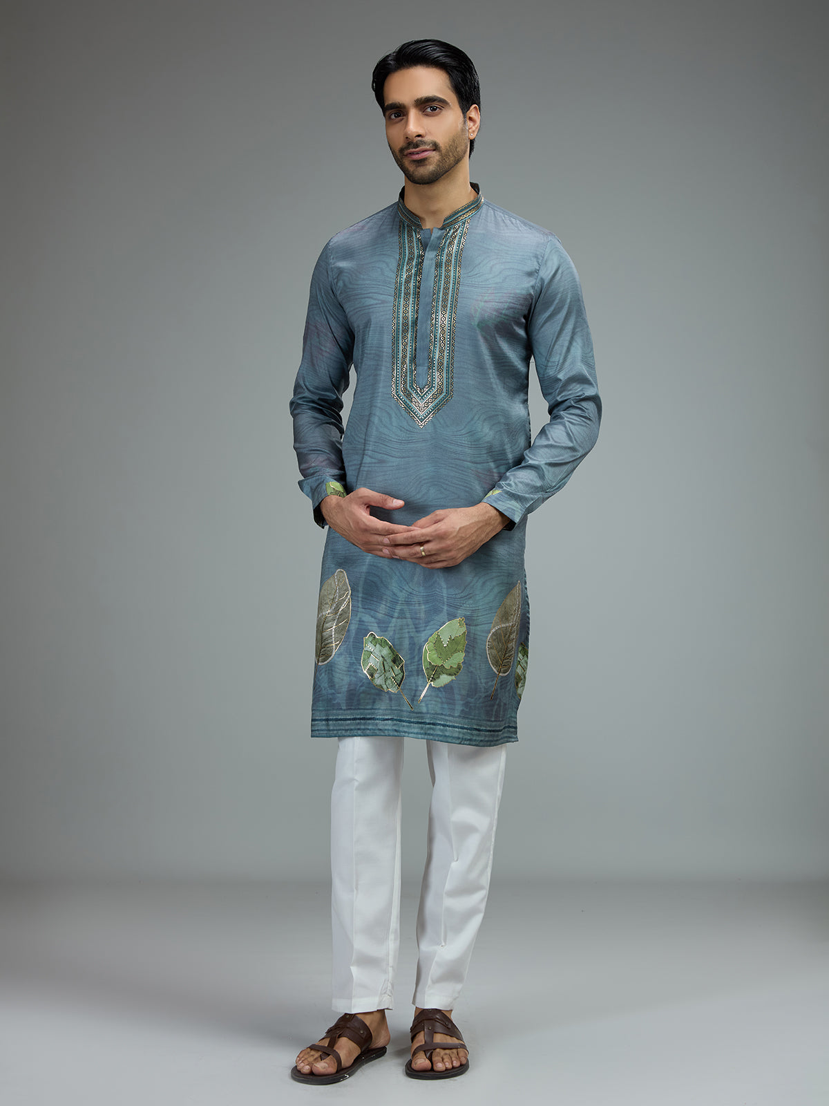 Pastel grey printed gota kurta suit for men