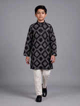 Black boys cotton kurta suit with contemporary printed detailing