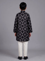 Black boys cotton kurta suit with contemporary printed detailing