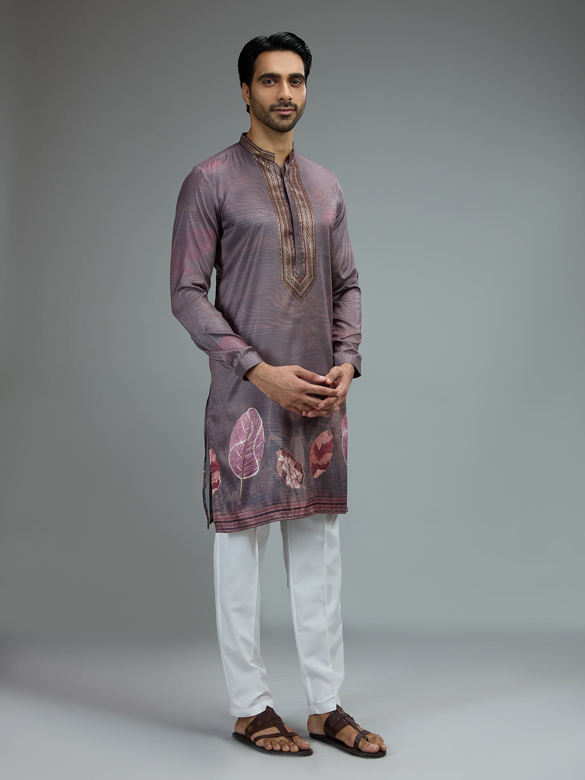 Purple printed gota embroidered kurta pajama for men