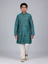 Teal green boys cotton kurta suit with floral printed