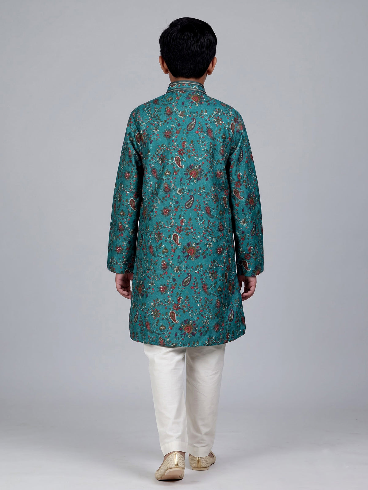 Teal green boys cotton kurta suit with floral printed