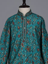 Teal green boys cotton kurta suit with floral printed