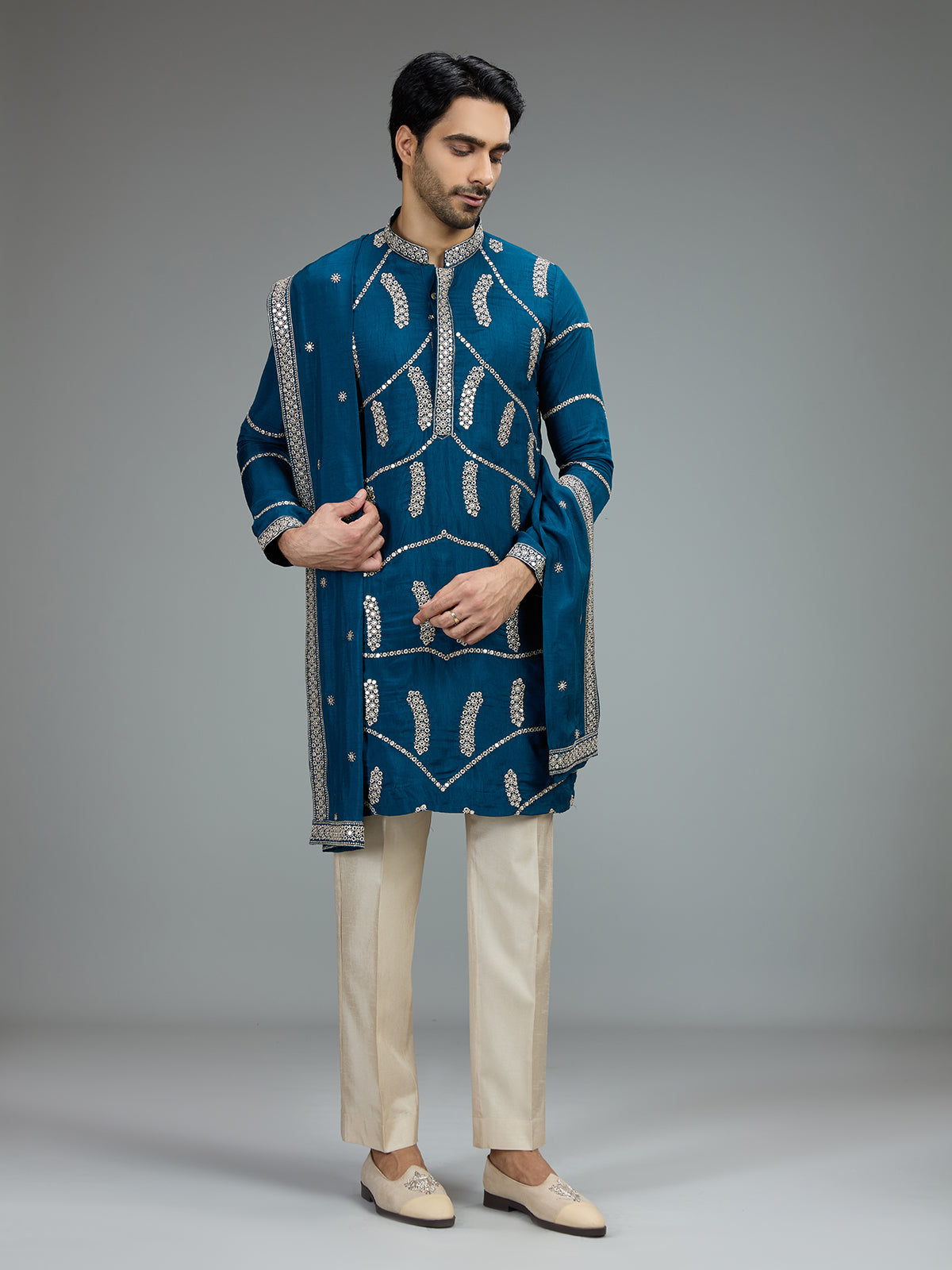 Royal blue aabla zari kurta pajama for men