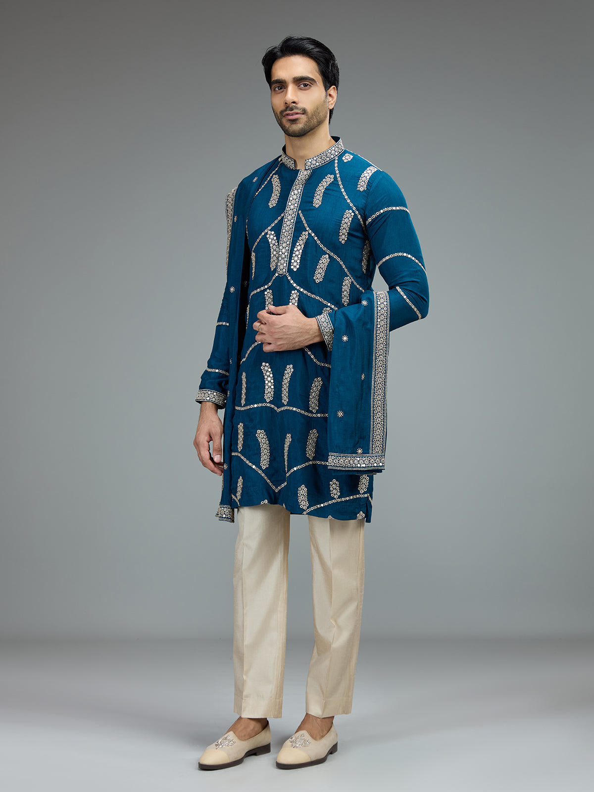 Royal blue aabla zari kurta pajama for men